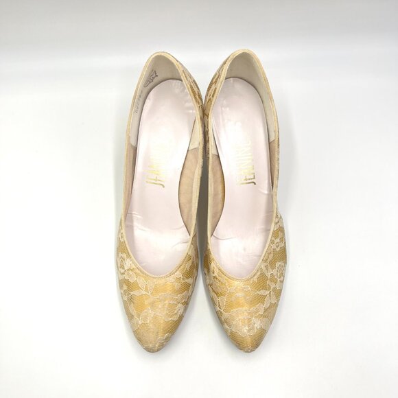 Vintage‎ Cream Lace Over Gold Cottagecore Kitten Heels Pumps Shoes - Picture 3 of 14